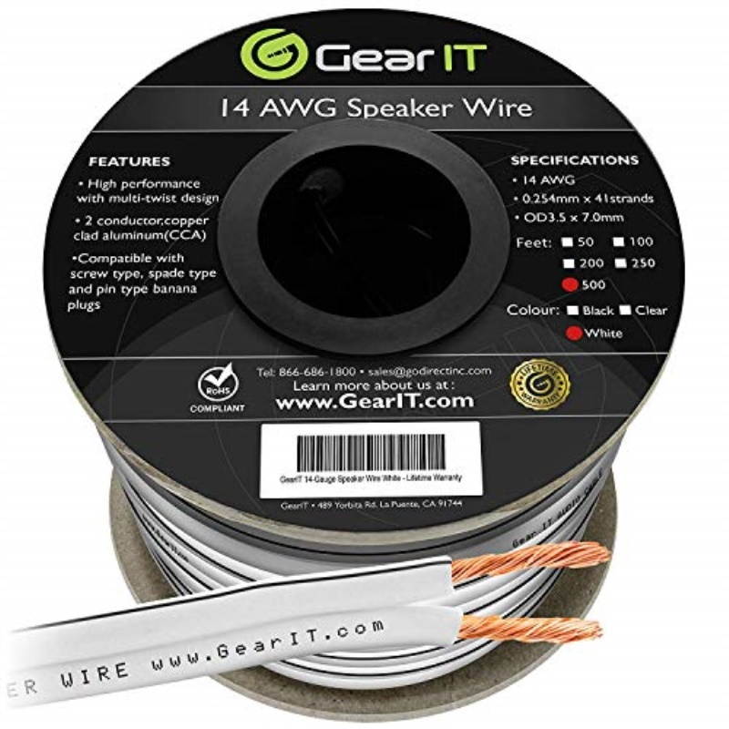 14awg speaker wire, gearit pro series 14 awg gauge speaker wire cable 500 feet / 152.4 meters great use for home theater speakers and car speakers white
