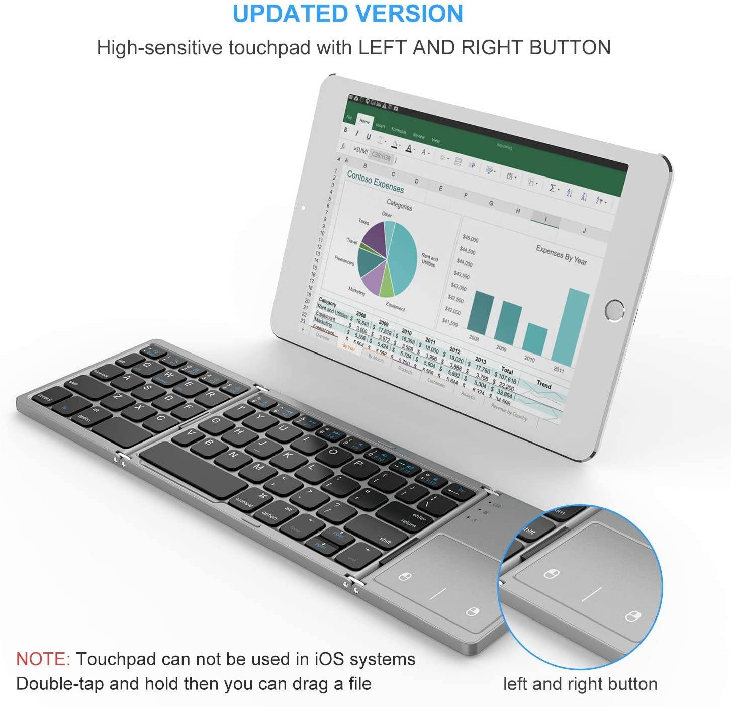 Foldable Bluetooth Keyboard, Jelly Comb Dual Mode Bluetooth & USB Wired Rechargable Portable Mini BT Wireless Keyboard with Touchpad Mouse for Android, Windows, PC, Tablet-Black and Silver