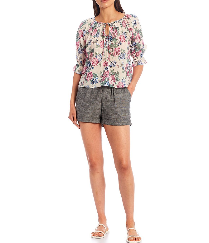 Shabby Chic Primrose Tie Detail Notch Neck 3/4 Sleeves Peasant Top