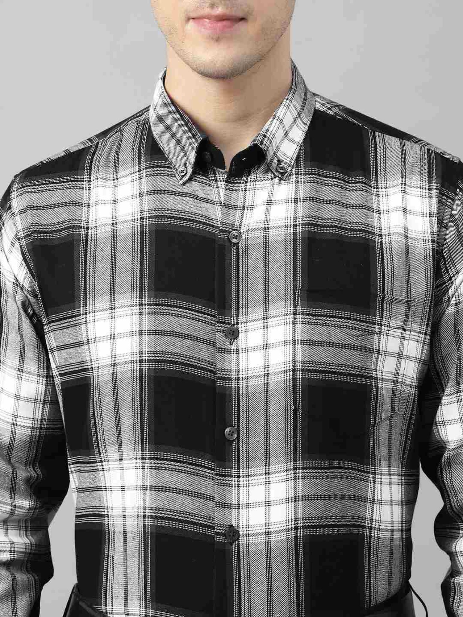 Hancock Black & White Cotton Slim Fit Checks Shirt