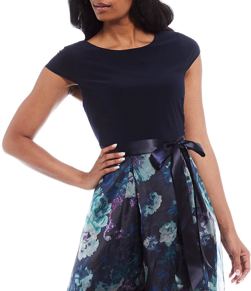 Ignite Evenings Floral Organza Cap Sleeve Bow Detail Gown