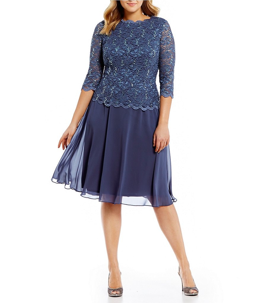 Alex Evenings Plus Size Sequin Lace 3/4 Illusion Sleeve Scallop Round Neck Bodice Chiffon Skirted Tea Length Dress
