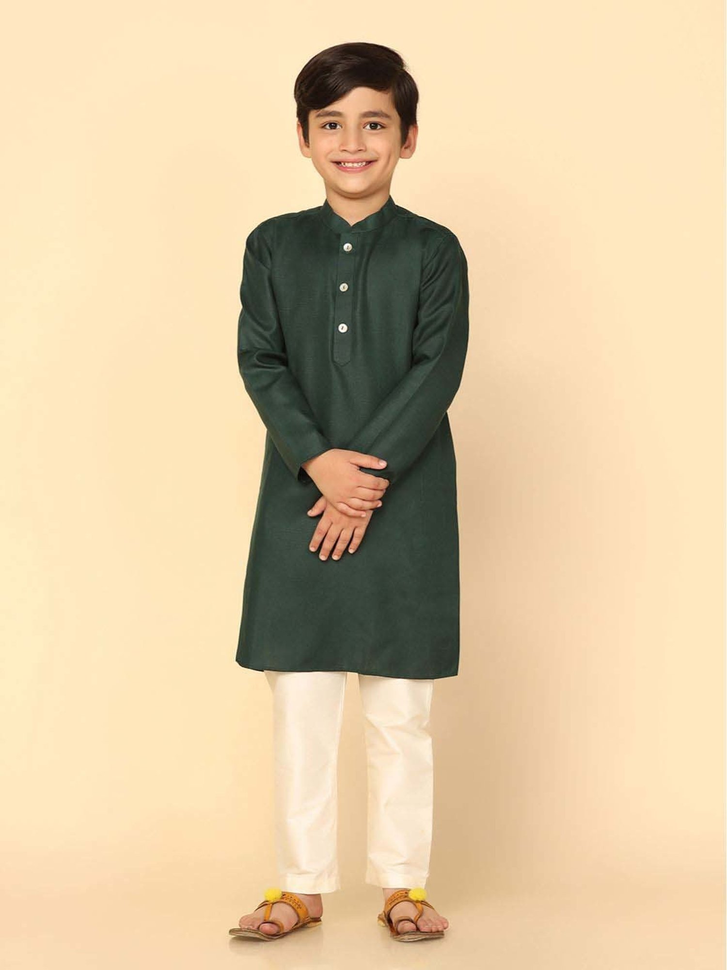 KISAH Kids Green & White Regular Fit Full Sleeves Kurta Set