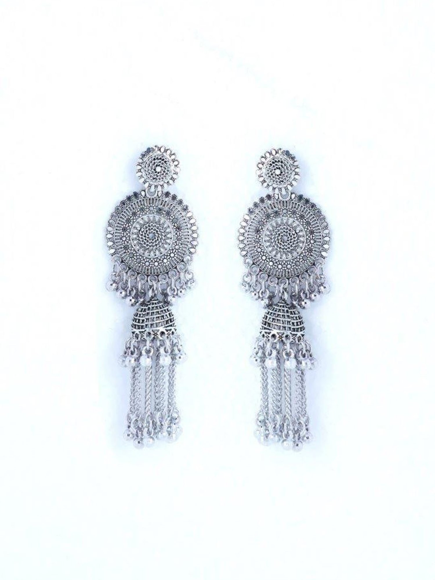 VOJ Silver Plated Oxidised Ghungharoo Studded Earrings for Women