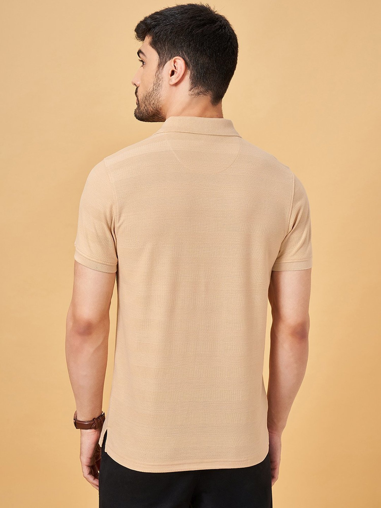 Byford By Pantaloons Peach Slim Fit Self Pattern Polo T-Shirt