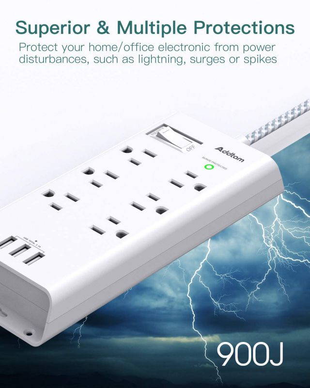 Power Strip Surge Protector, 6 Outlets and 3 USB Ports 5Ft Long Extension Cord, Flat Plug Overload Surge Protection Outlet Strip, Wall Mount for Home, Office and More, ETL Listed