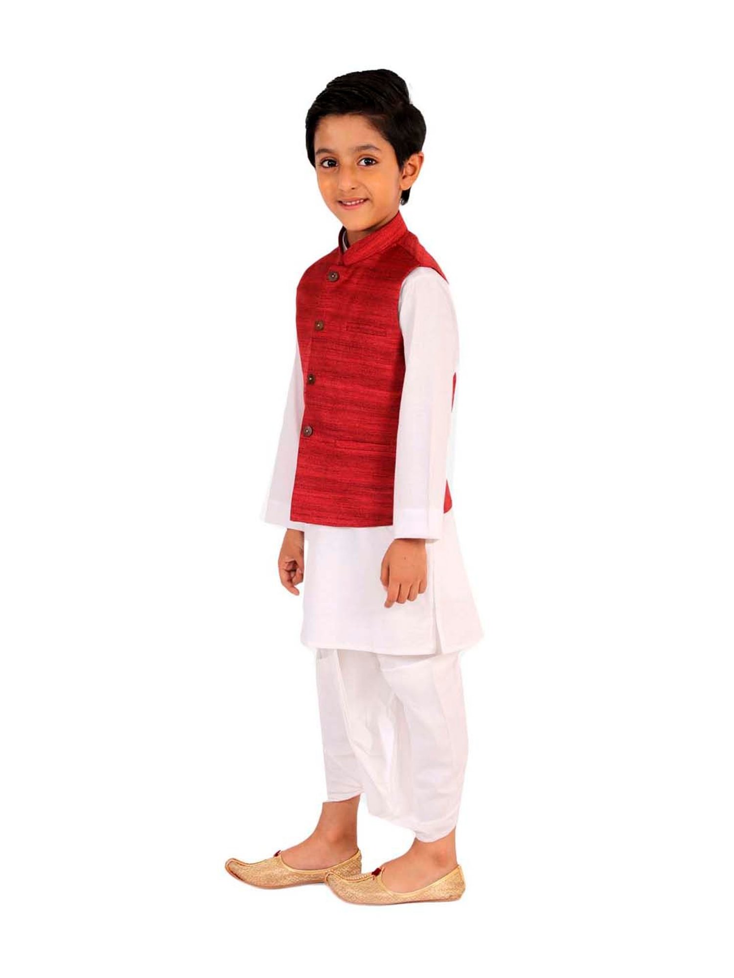 VASTRAMAY Kids Maroon & White Cotton Textured Kurta Set