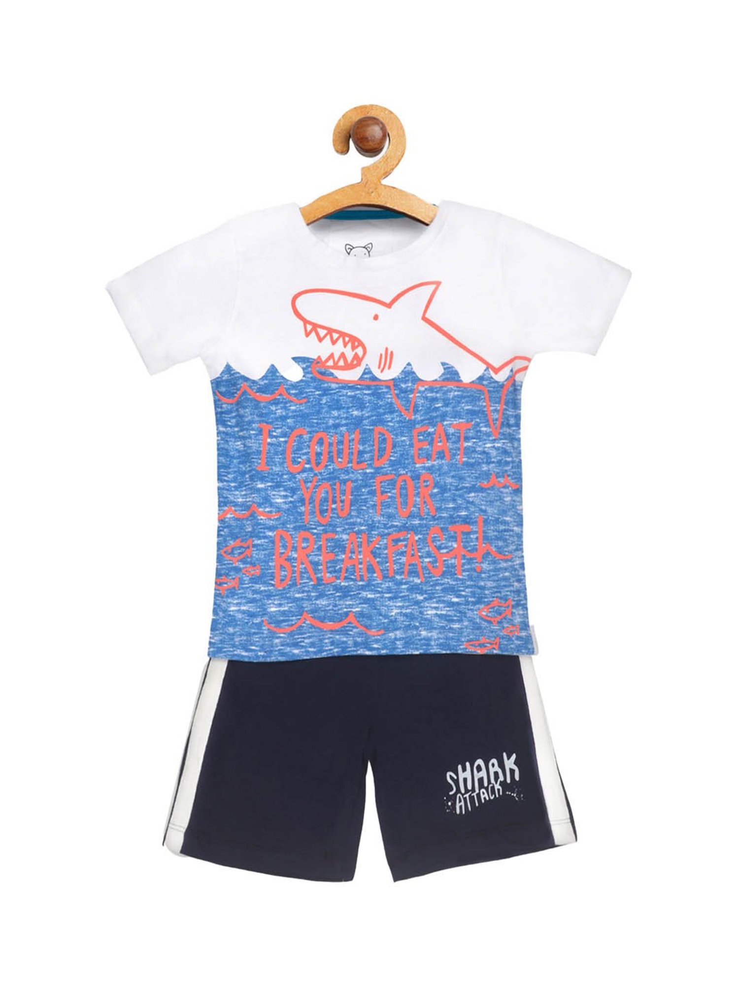 Lazy Shark Kids White & Navy Printed  T-Shirt with  Shorts