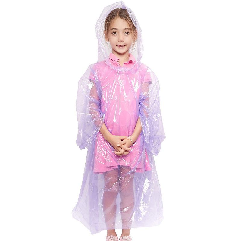 Juvale 12 Pack Disposable Rain Ponchos for Girls with Hood, Waterproof, 4 Colors
