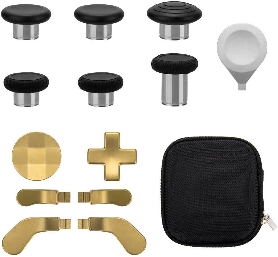 13 in 1 Metal Thumbsticks for Xbox One Elite Series 2, Xbox One Elite 2 Controller Parts, Gaming Accessory Replacement Parts, Metal Mod 6 Swap Joysticks, 4 Paddles, 2 D-Pads, 1 Adjustme
nt Tool(Gold)