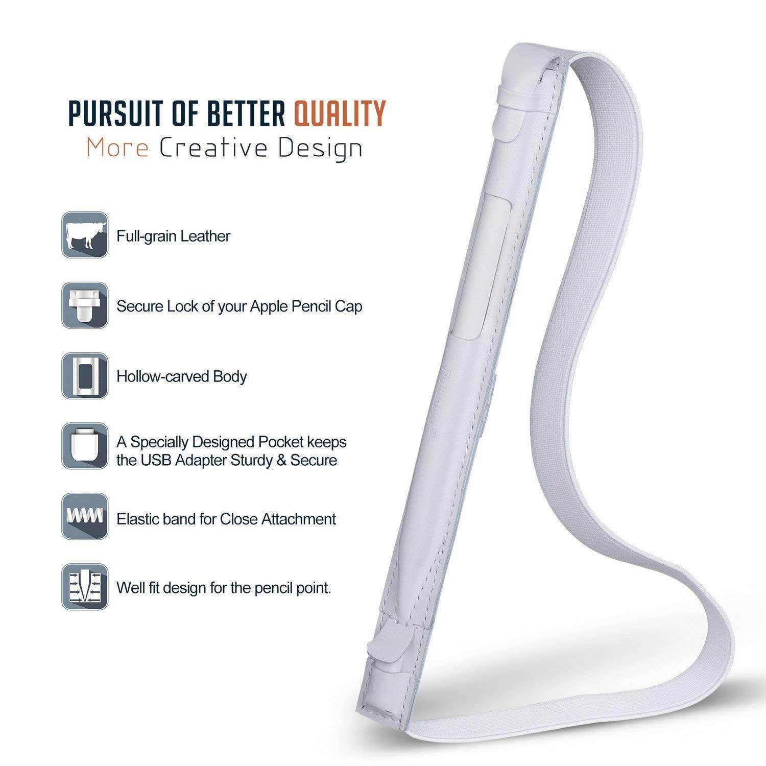 Fullmosa 4 Colors for Apple Pencil Holder, Genuine Litchi Texture Leather Apple Pencil Sleeve with USB pocket Handmade Compatible with iPad Pro 12.9" Cases, White