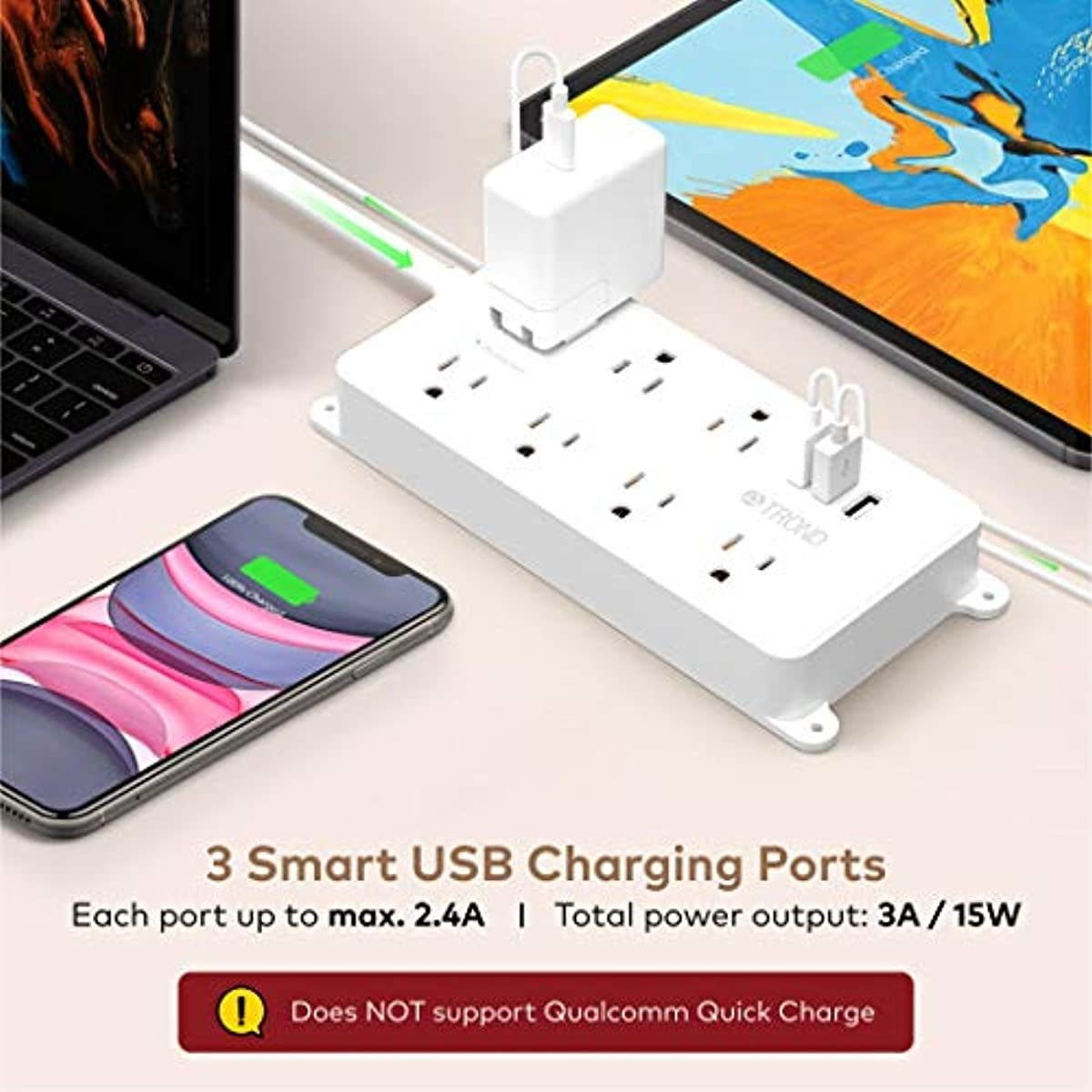 Power Strip Surge Protector, ETL Listed, TROND 7 Widely-Spaced Outlets Expansion with 3 USB Ports, Flat Plug, 1700 Joules, 5ft Extension Cord, Wall Mountable, White
