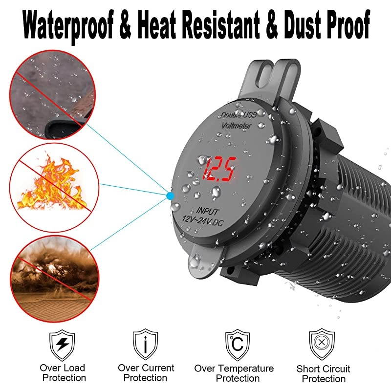 Charge 30 Dual USB Outlet 12V24V USB Car Charger with OnOff Touch Switch and LED Digital Voltmeter Waterproof Car Socket for Car Marine Boat Motorcycle Truck and More