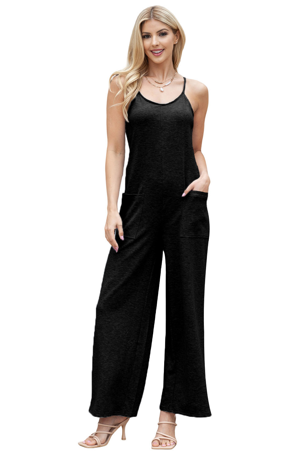 Rose Tan Solid Self Tied Straps Pleated Wide Leg Jumpsuit