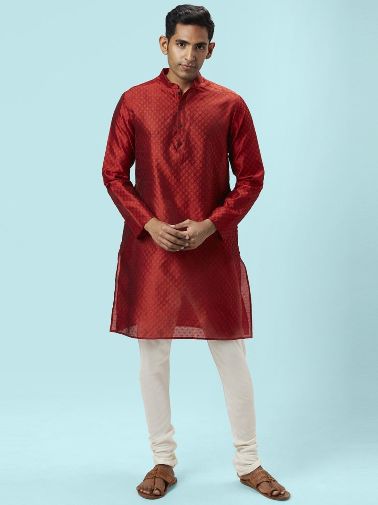 Indus Route by Pantaloons Maroon & White Regular Fit Self Pattern Kurta Bottom Set