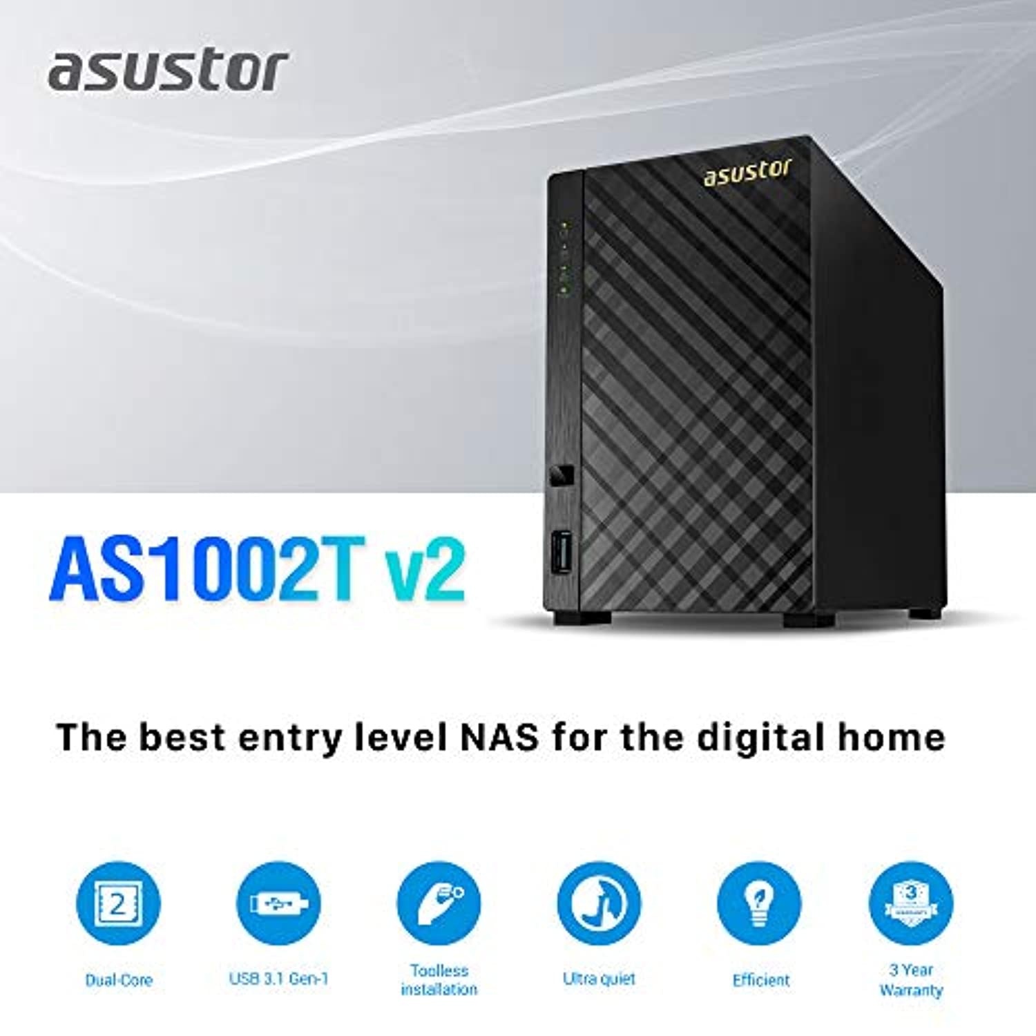 Asustor NAS AS1002T v2 + 2TB HDD (Two 1TB HDD Included)