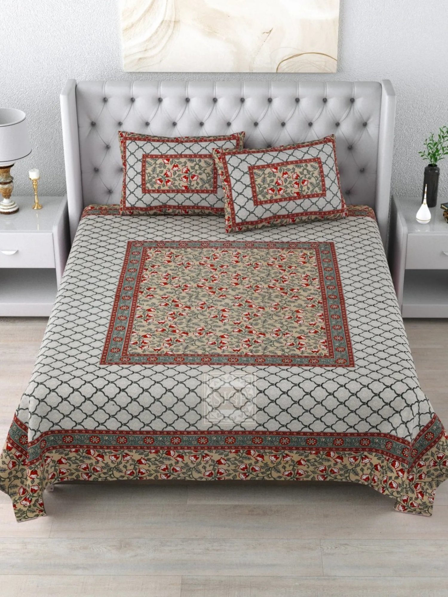 Living Roots Block Print Grey 300 TC Cotton Bedsheet with 2 Pillow Covers