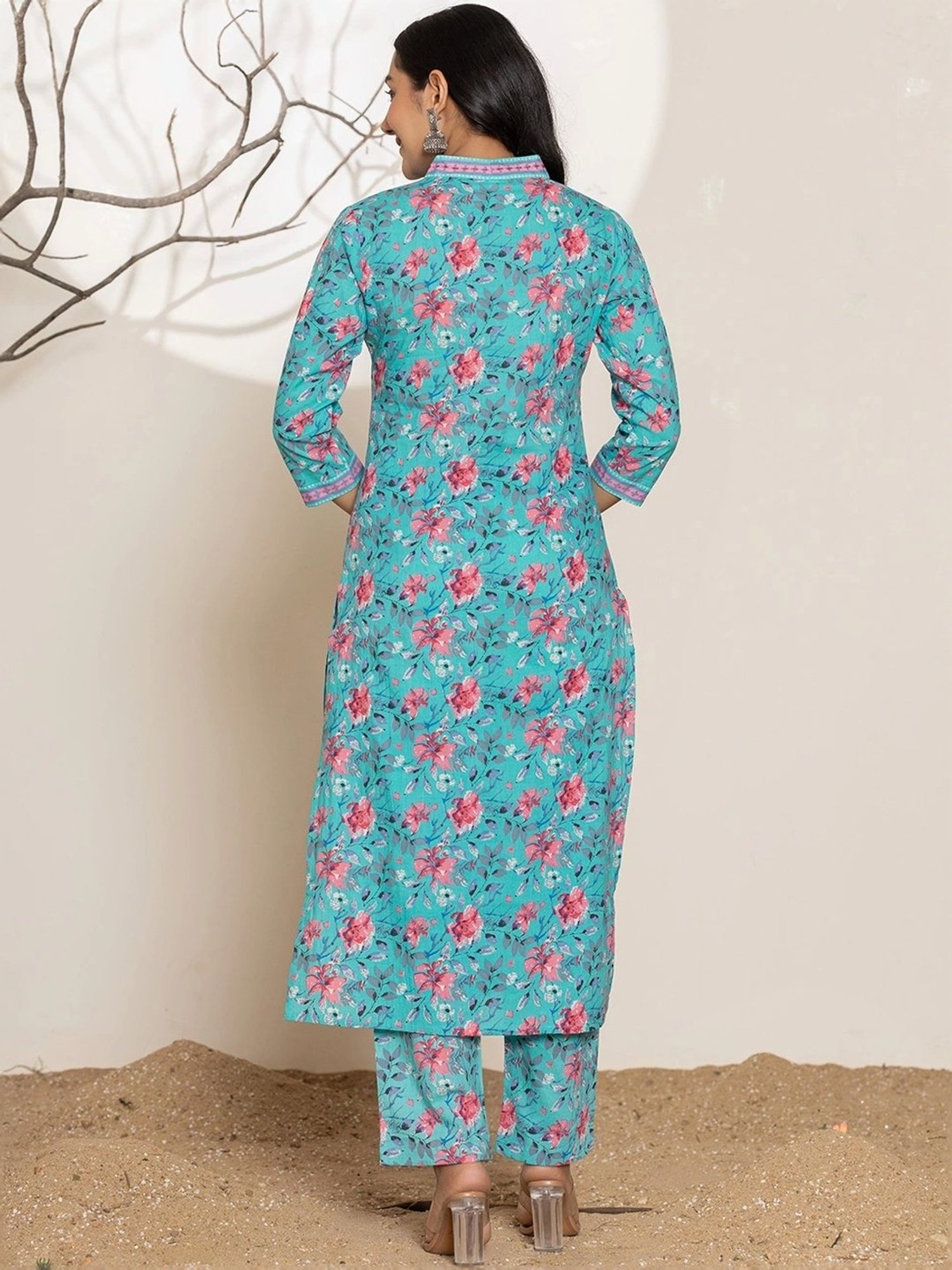 Yufta Sea Green Cotton Printed Kurta Pant Set