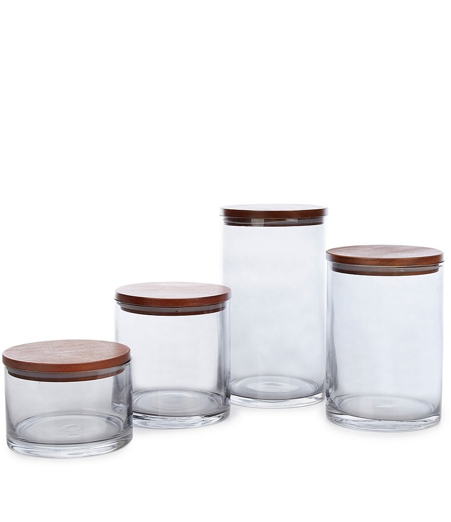 Southern Living Grey Glass Canisters with Acacia Wood Lid, Set of 4