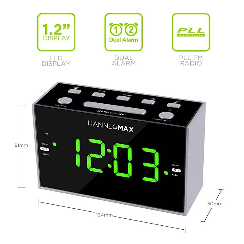 HX122CR Alarm Clock Radio PLL FM Radio Green LED 12 Inches Display USB Port for 1A Charging Dimmer Function