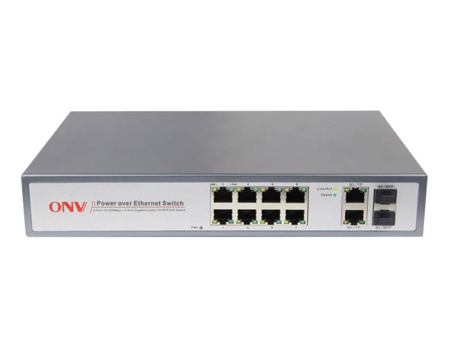 ONV-POE31108PFB-at 8*10/100M auto-sensing RJ45 ports + 2*Gigabit Combo TP/SFP Ports PoE switch