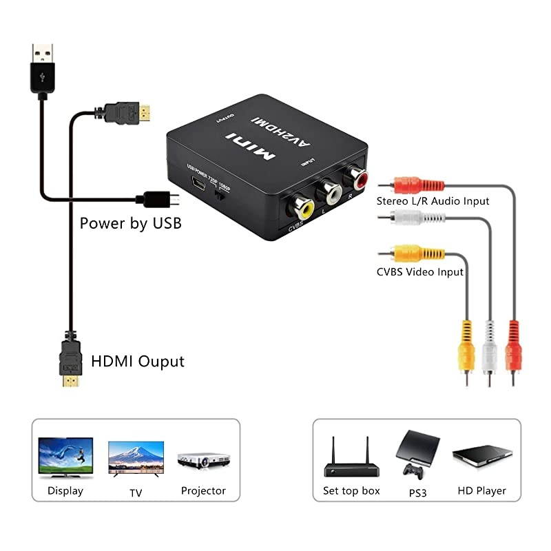 AV to HDMI tend 1080P Mini 3RCA AV CVBS Composite to HDMI Video Audio Converter Adapter Supports PALNTSC with USB Charge Cable for PC Laptop TV VHS VCR DVD