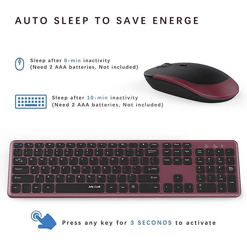 Wireless Keyboard and Mouse,  2.4GHz Ultra Thin Full Size Wireless Keyboard Mouse Combo Set with Number Pad for Computer, Laptop, PC, Desktop, Notebook, Windows 7, 8, 10-(Wine Red and Black)