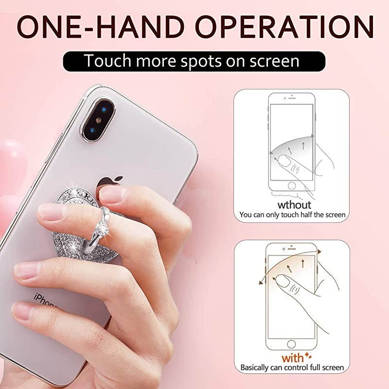Cell Phone Finger Ring Stand with Sparkly Diamond  Heart Love Phone Ring Kickstand Holder Washable Removable 360&deg;Rotation Zinc Alloy Ring Grip Stand for All Phones Silver