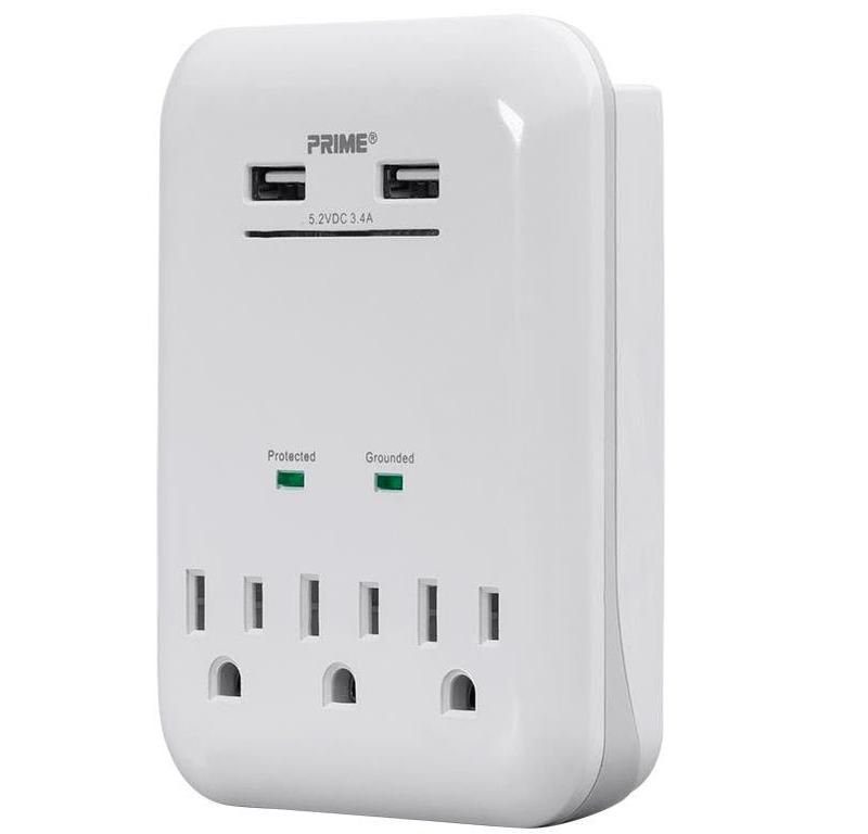 Monoprice 3 Outlet Surge Protector Wall Tap with 2 USB Charging Ports 3.4A, White