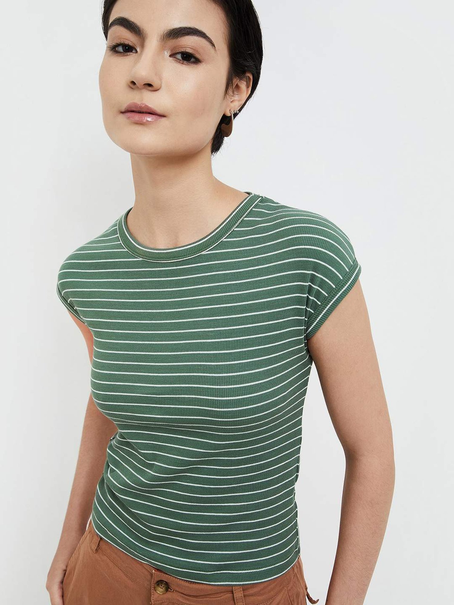 Ginger by Lifestyle Sage Green Cotton Striped T-Shirt