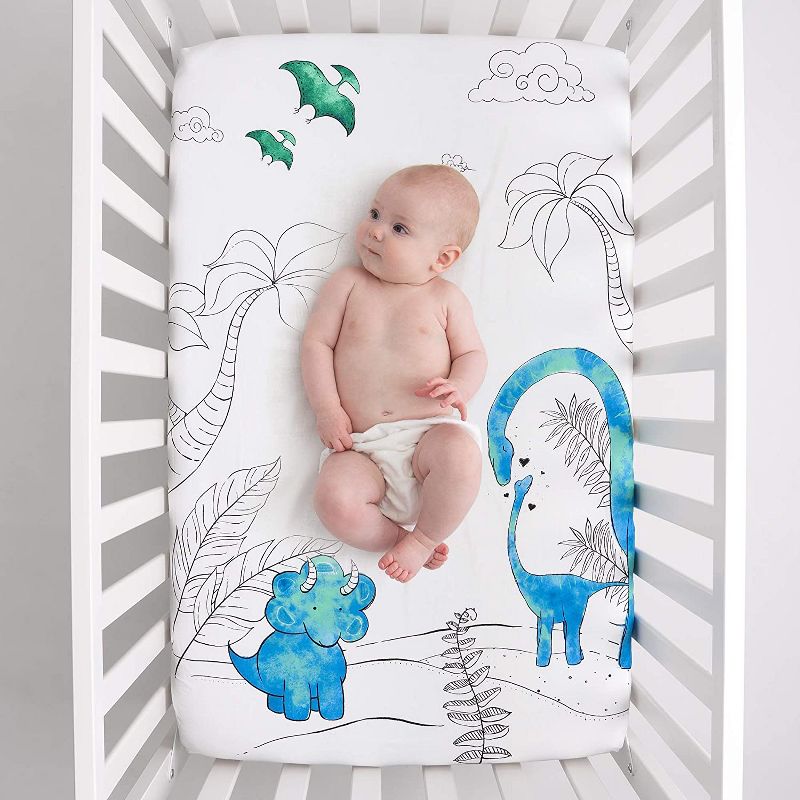 JumpOff Jo Fitted Mini Crib Sheet, Cotton Crib Sheet for Miniature Sized Crib Mattresses, Hypoallergenic and Breathable, 24" x 38", Tiny Dinosaur
