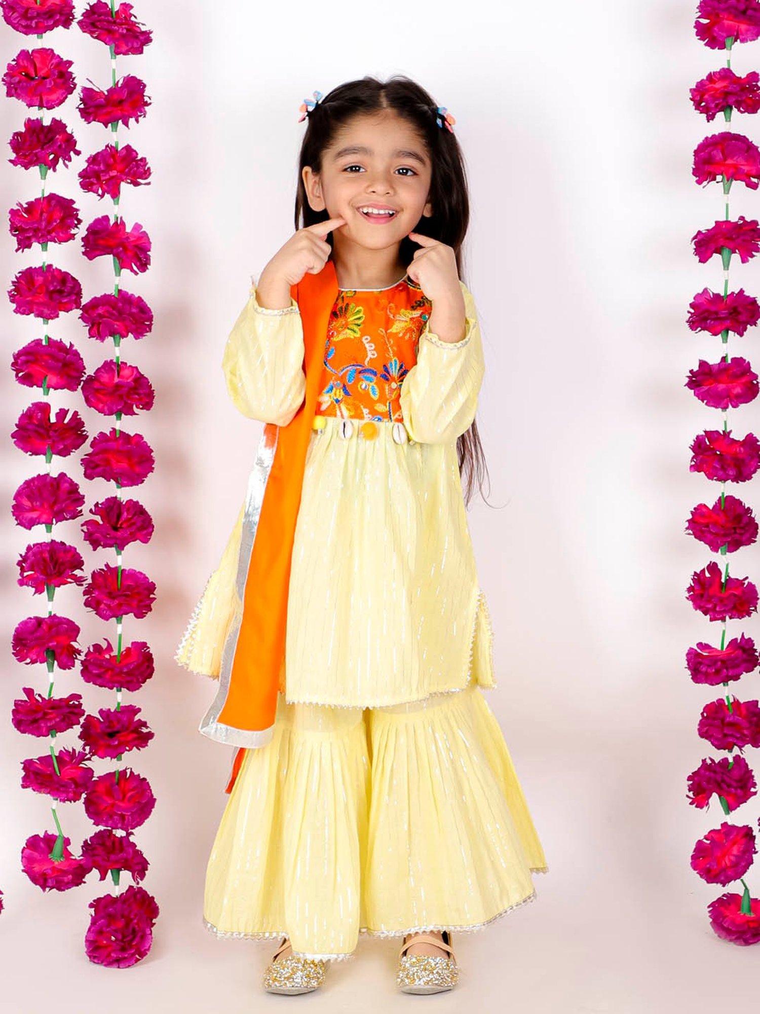 Little Bansi Kids Yellow Striped Kurta, Sharara with Dupatta