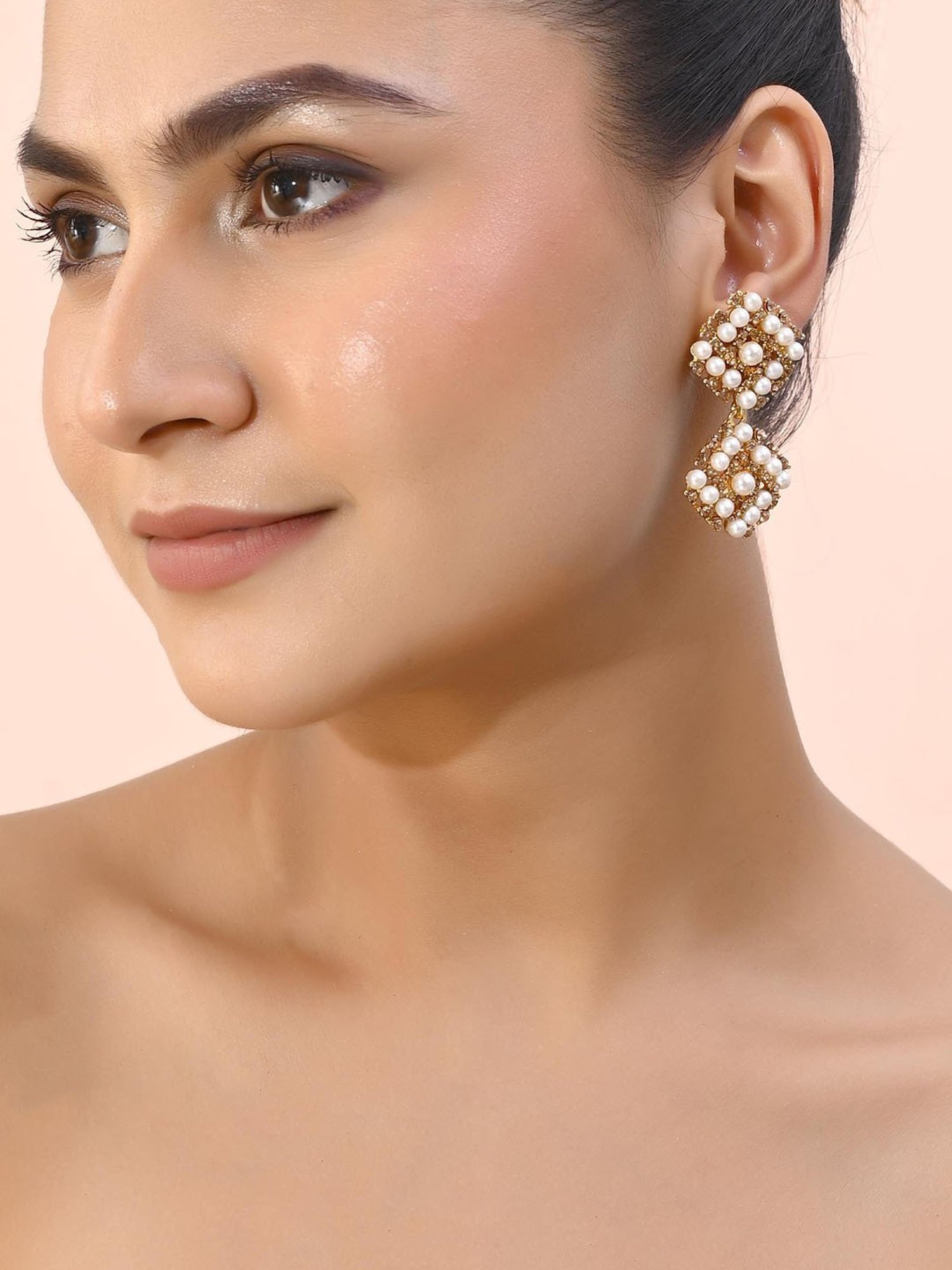 VOJ Gold Plated Pearl and Gold Stone Drop Stud Earrings for Women