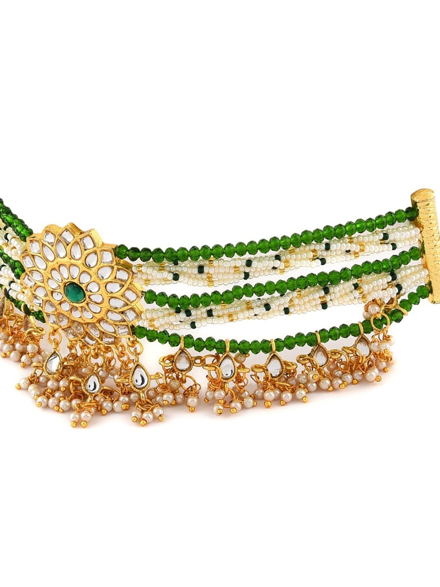 Zaveri Pearls Green Crystals Beaded Traditional Kundan Choker Necklace Earring & Ring Set-ZPFK11065