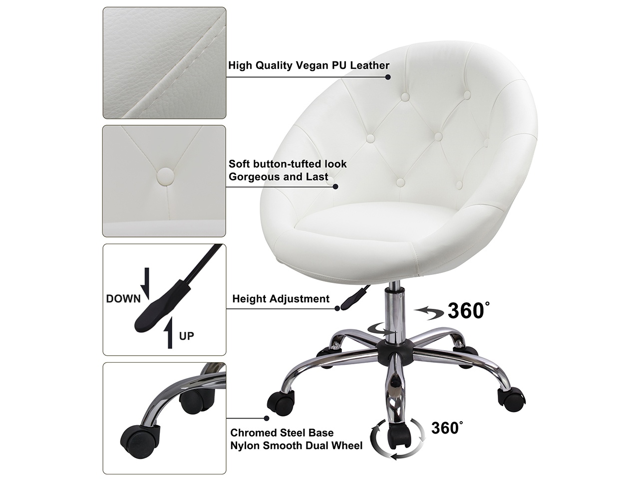 Swivel Height Adjustable Task Chair Tufted PU Leather Upholstered Office Chair