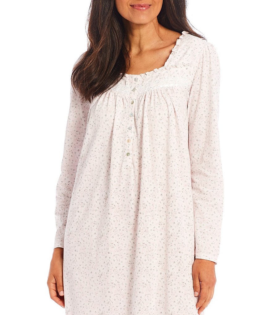 Eileen West Square Neck Long Sleeve Floral Print Knit Long Nightgown