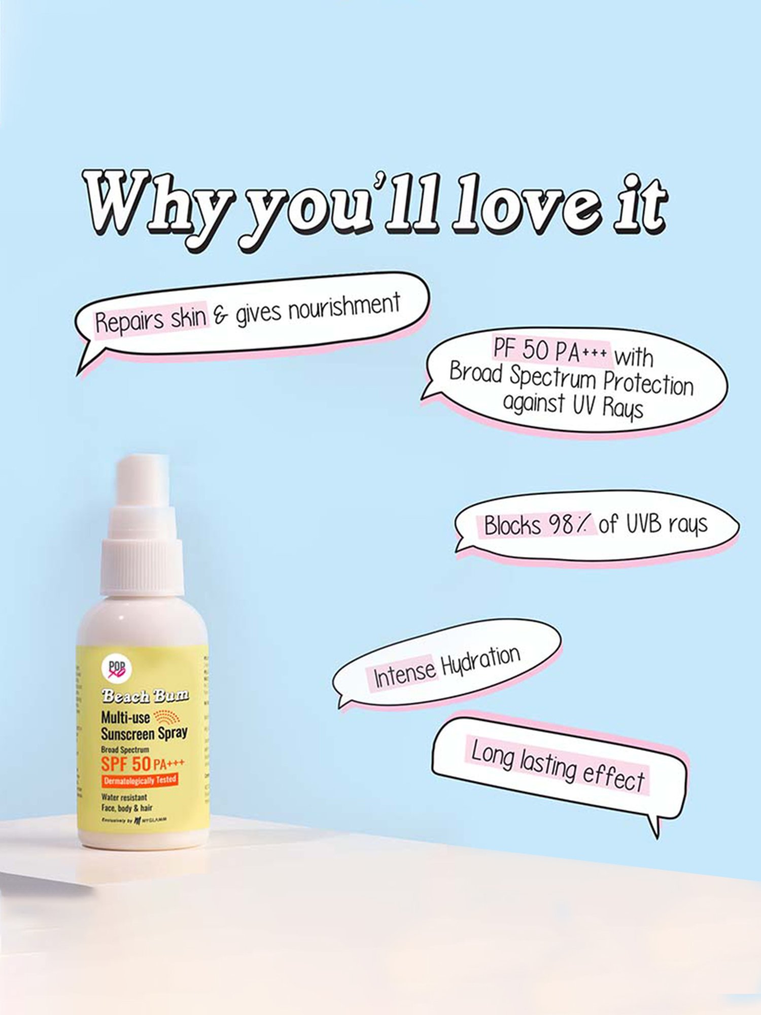 MyGlamm POPxo Beach Bum Multi-Use Sunscreen Spray SPF 50 - 50 gm