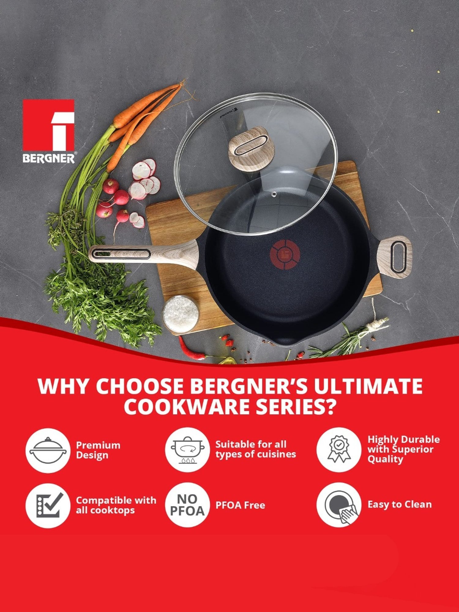 Bergner Grey Non-Stick Marble Induction Base Deep Frypan with Lid - 28cm (3.2L)