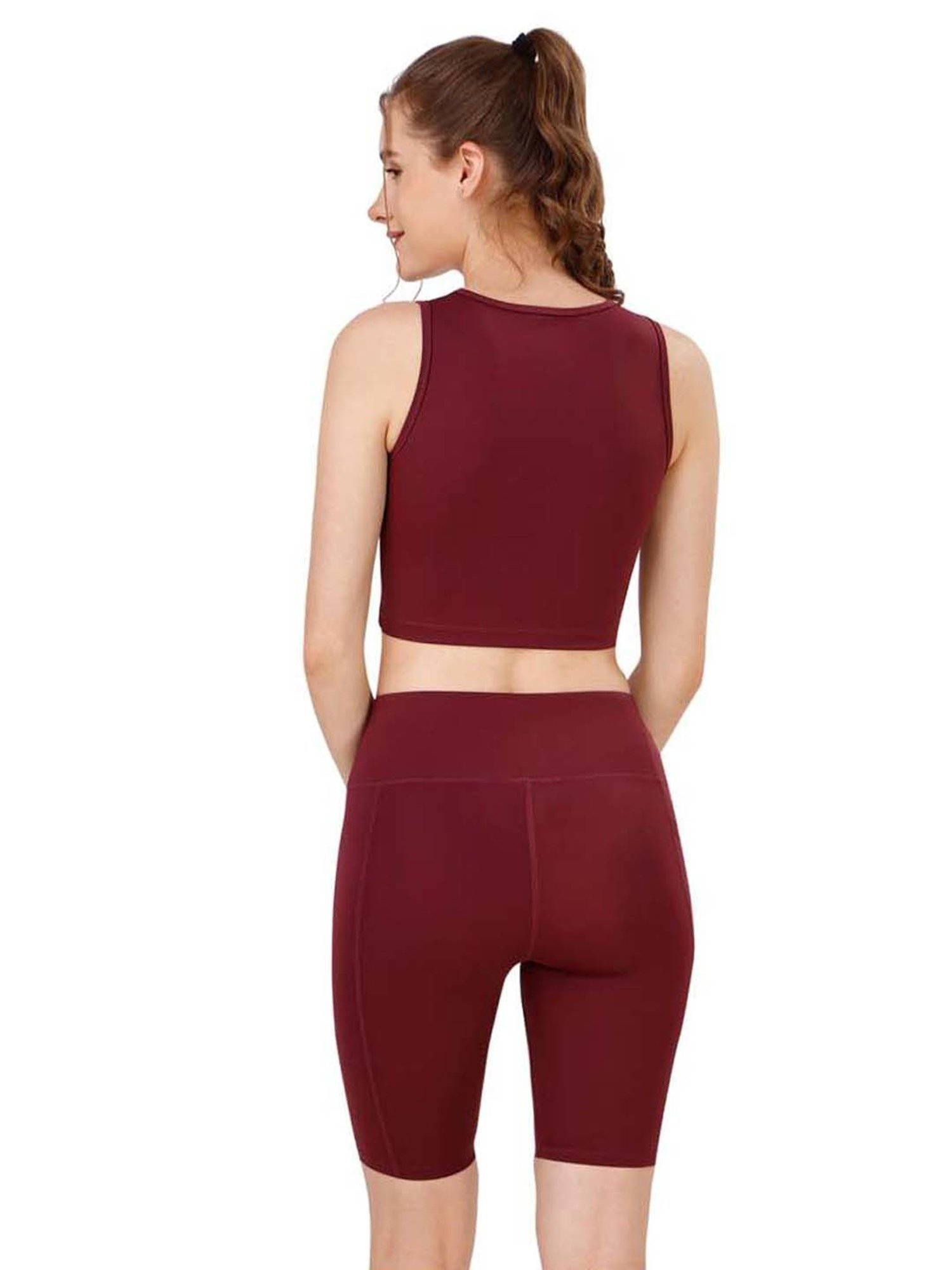 Soie Maroon Sports Crop Top Shorts Set