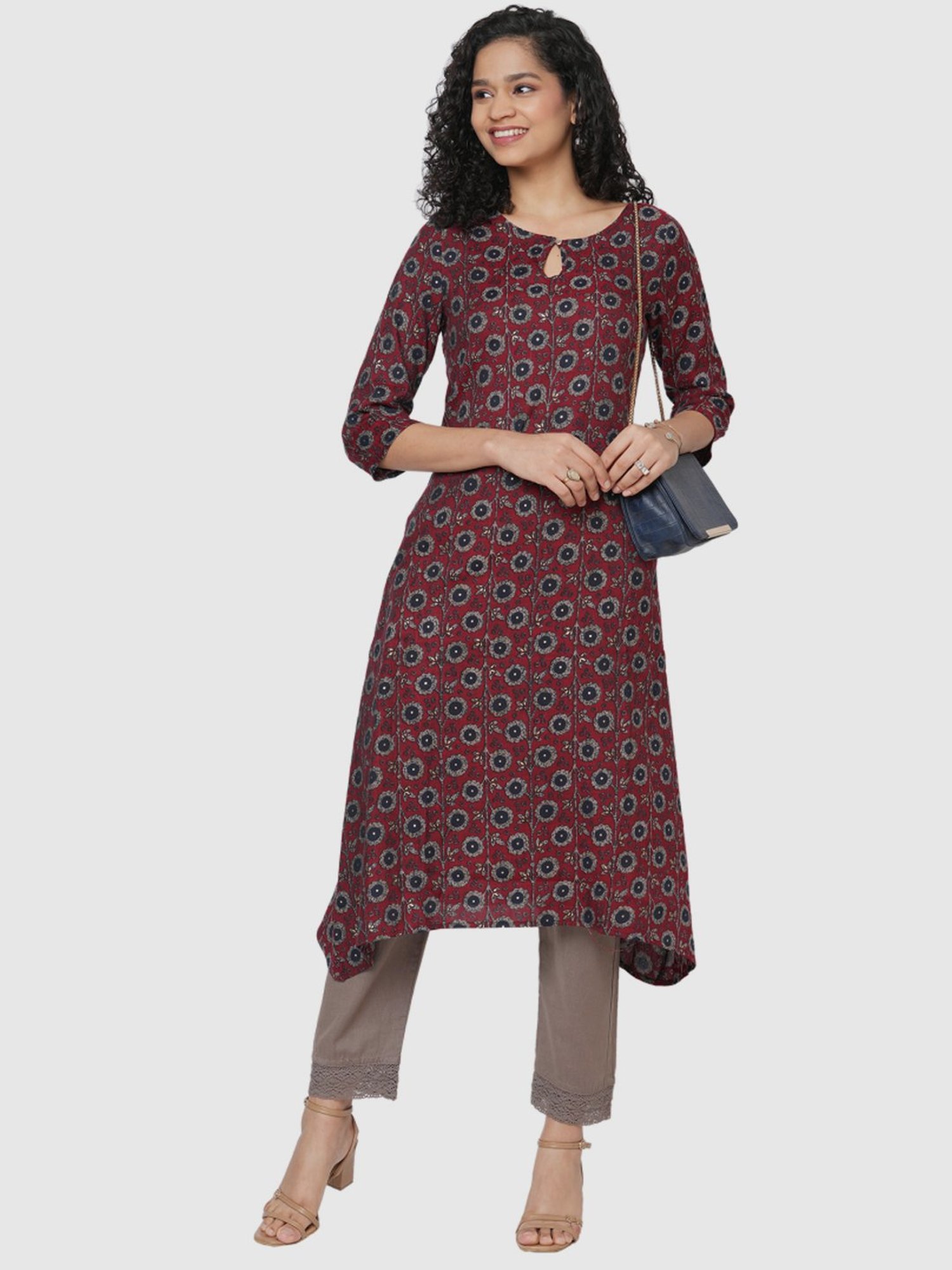 Fusion Beats Maroon Floral Print A Line Kurta