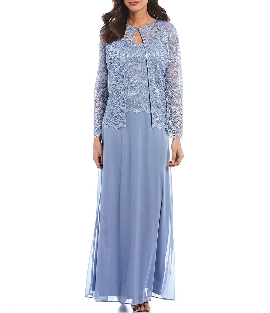 Marina Glitter Lace Jacket and Matte Jersey Chiffon Skirt 2-Piece Gown