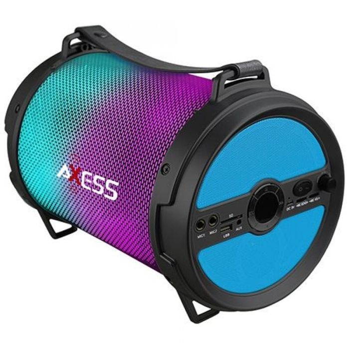 AXESS SPBL1046 Portable Bluetooth 2.1 LED Lit Hi-Fi Cylinder Loud Speaker with Built-In 6" Sub and SD Card, USB, AUX, 2 Microphone Inputs in Blue