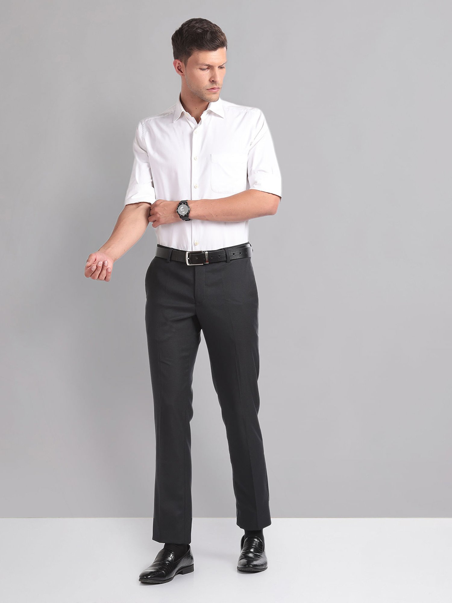 AD by Arvind Navy Slim Fit Flat Front Trousers