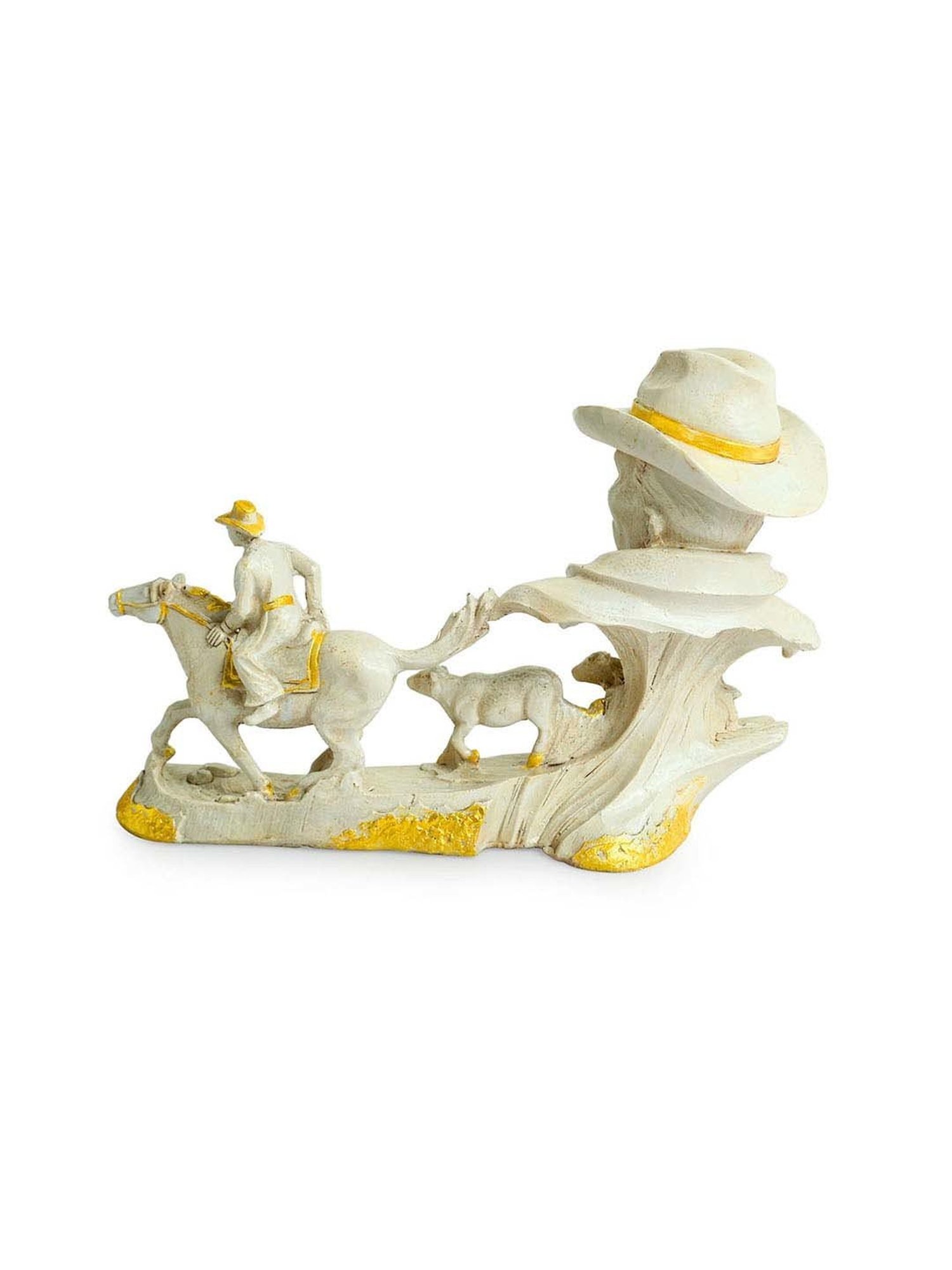 ExclusiveLane White & Golden Resin Cowboy With Horse Rider Showpiece
