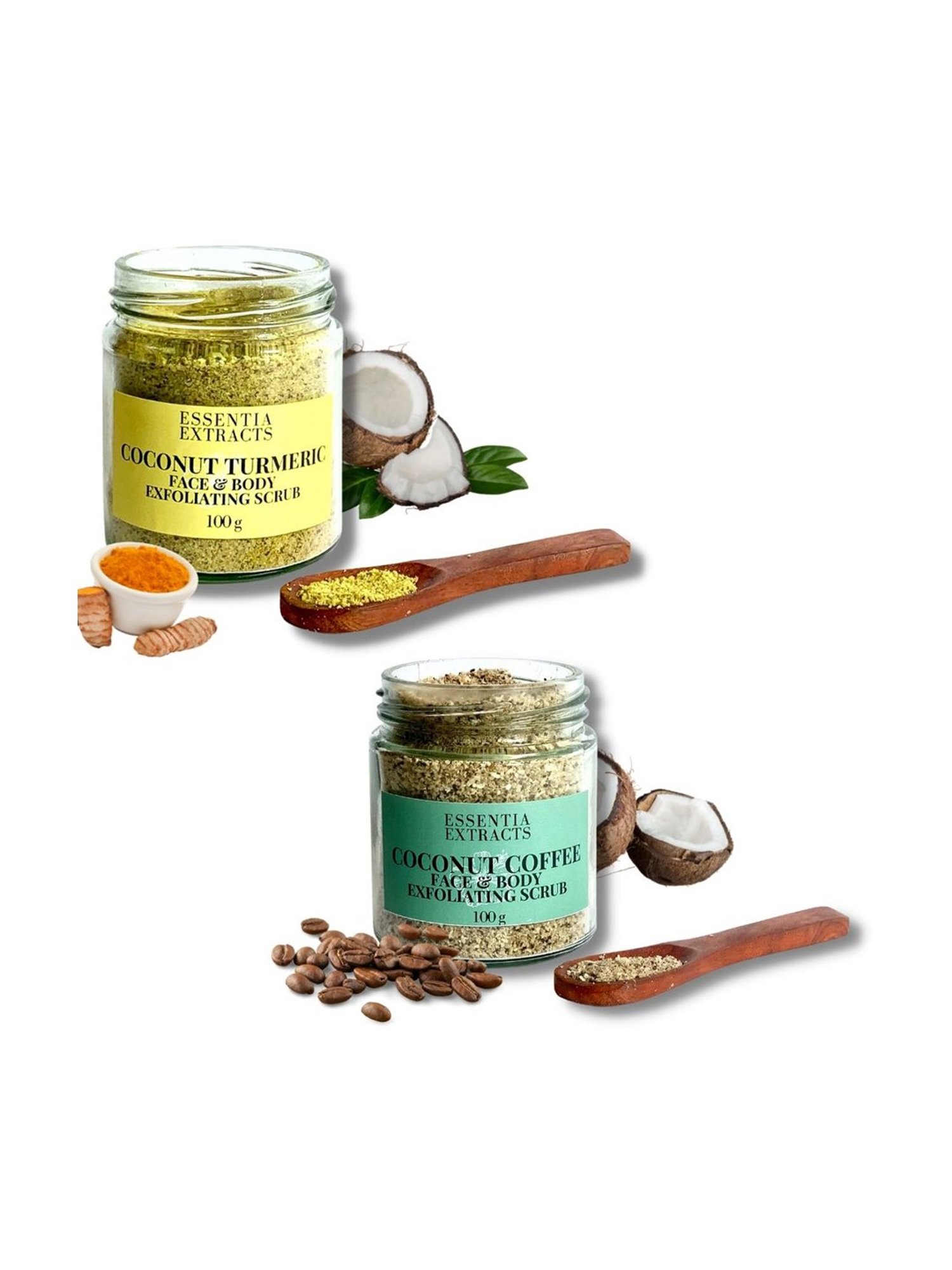 Essentia Extracts Combo of Coconut Coffee & Coconut Turmeric Face & Body Scrubs