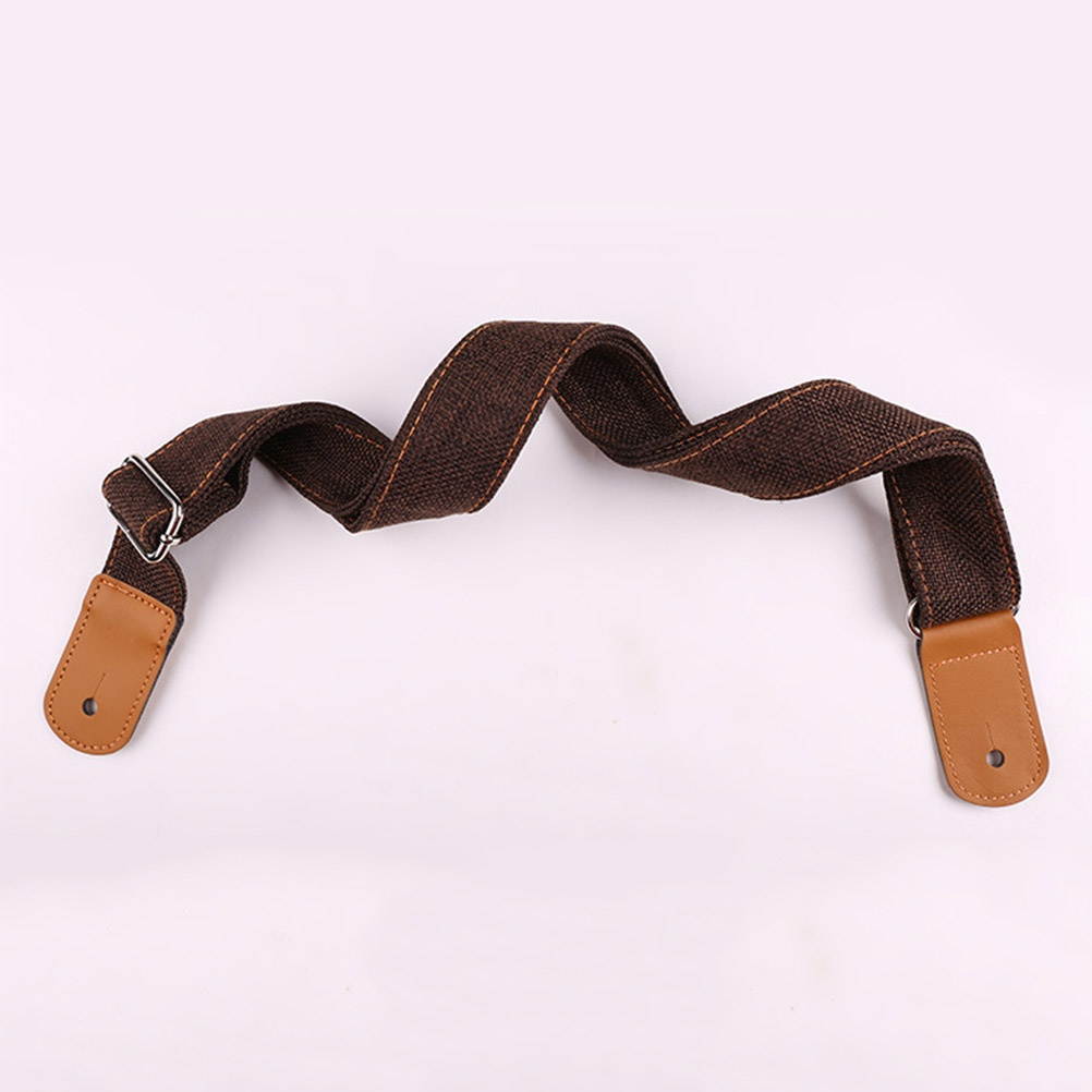 1PC Country Style Cotton Linen Shoulder Strap Genuine Leather Strap for Ukulele Guitar (Coffee)