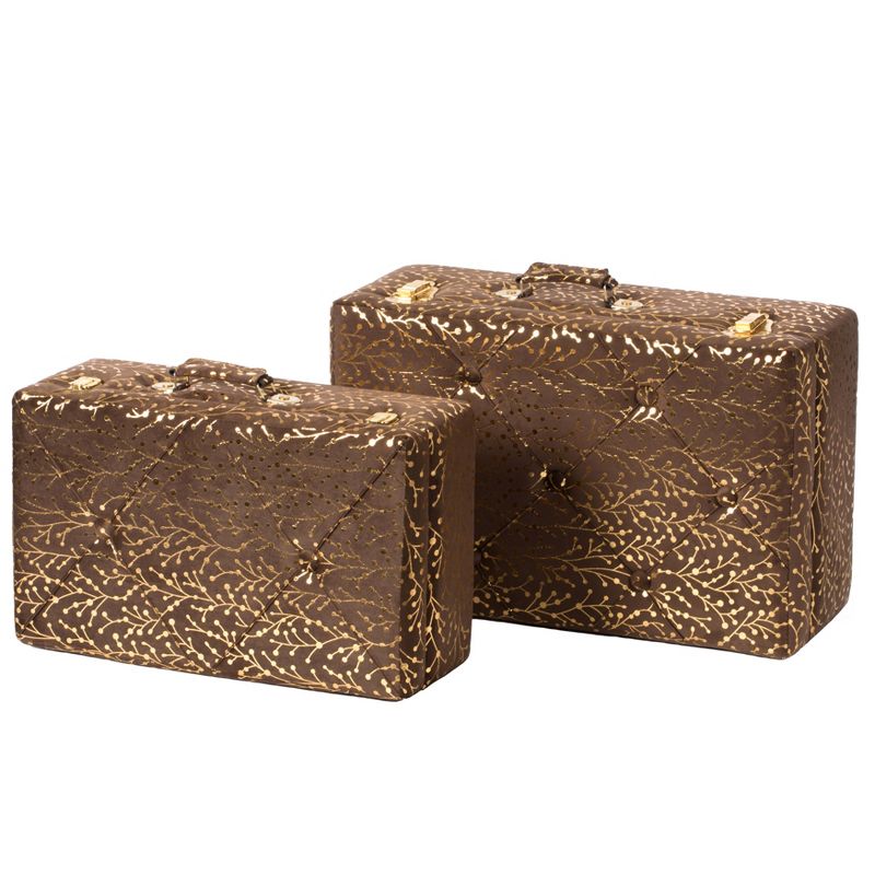 Vintiquewise Decorative Tufted Velvet Suitcase Treasure Chest Set of 2, Brown