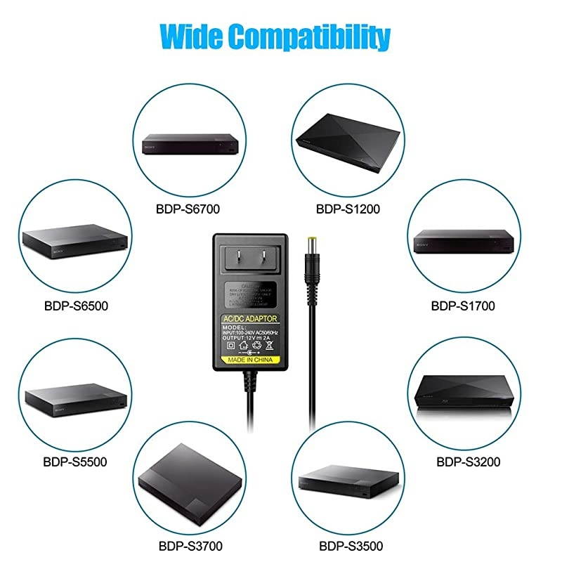 12V Power Cord for Sony BluRay Disc DVD Players BDPSeries BDPS1700 BDPS3200 BDPS3500 BDPS3700 BDPS6500 12 Volt Replacement for Sony ACM1208UC AC Adapter
