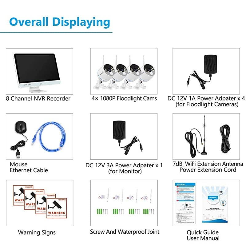 Long Range Wireless Outdoor Home Security Camera System with 16inch 1080p IPS Monitor 2TB Hard Drive [Floodlight & Audio] 3MP Spotlight IP Cameras 8CH WiFi Surveillance System 2 Way Audio