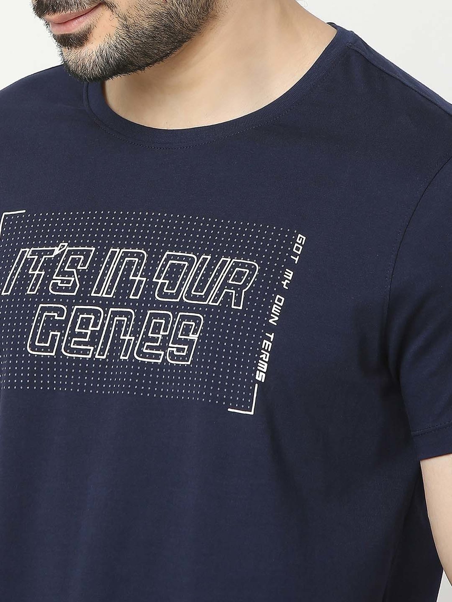 UnderJeans by Spykar Navy Regular Fit Self Design Cotton Crew T-Shirt